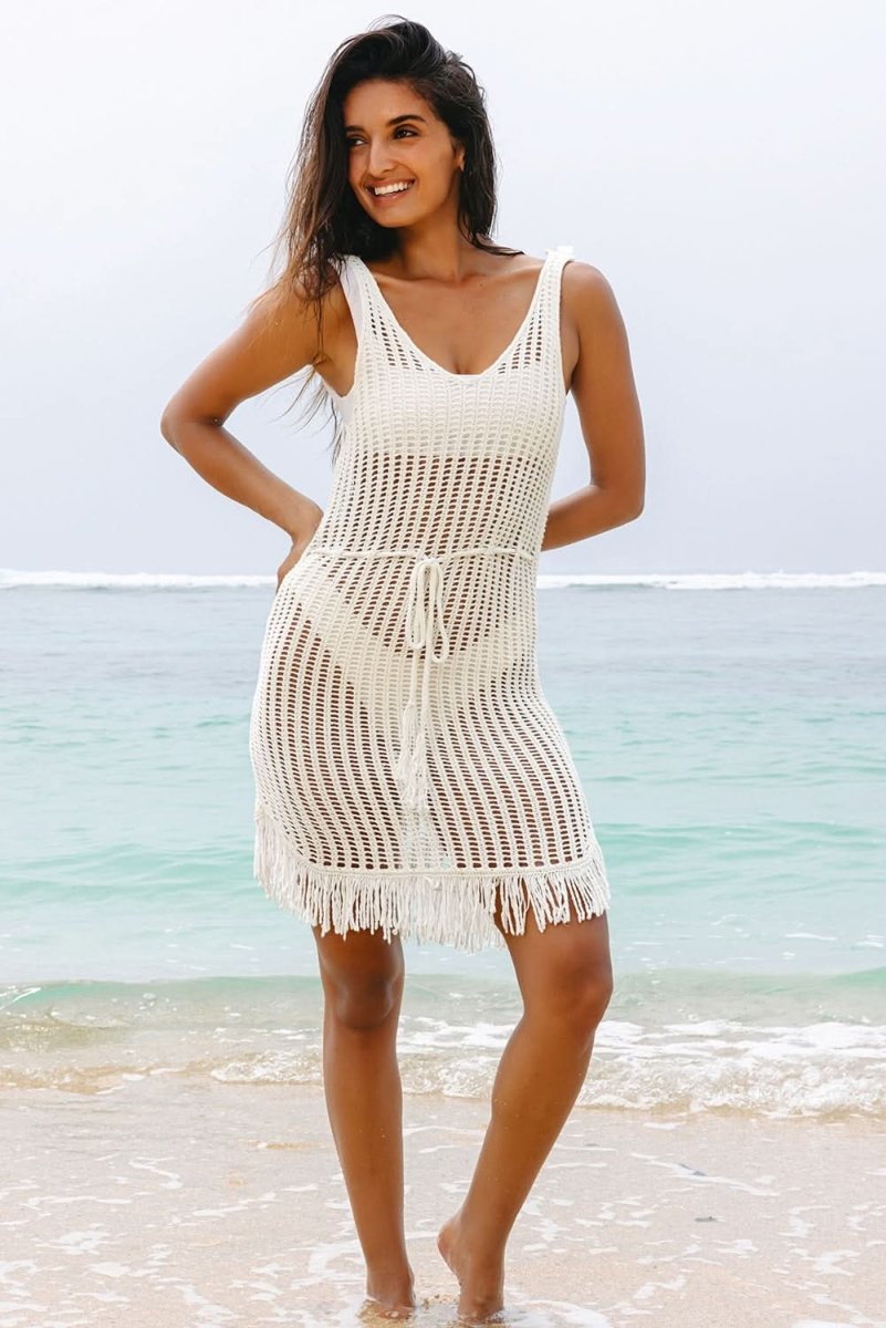 White Boho Fringe V Neck Crochet Beach Cover-Up - Love Salve
